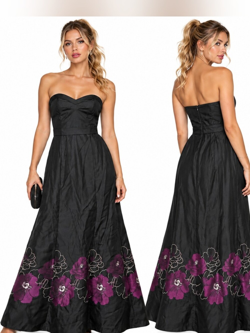 NEW Rubber Ducky Productions Black Purple Floral Strapless Maxi Dress Y2K Gown